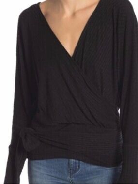 Free People Black Ribbed Wrap-Style Long Sleeve Top